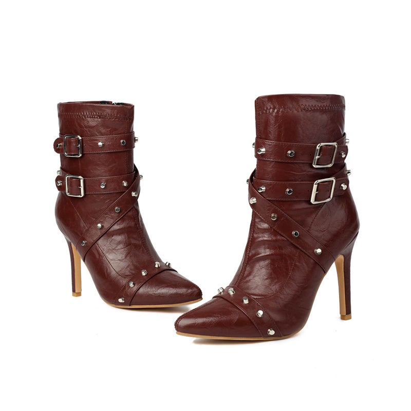 Supply New High Heel 33-46 Plus Size Pointed Rivet Belt Buckle Boots For 2024 - Image 1