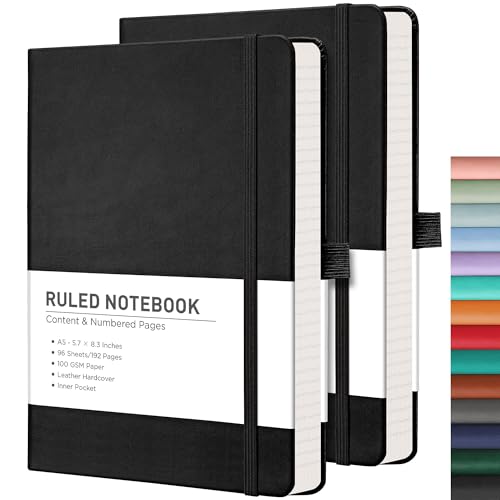RETTACY Lined Journal Notebook, 2-Pack, 192 Numbered Pages per Pack, A5 Medium Size (5.7'' x 8.3''), for Men & Women, Writing, Work, Leather Hardcover, 100 GSM Thick Paper (Black & Black) - Image 1