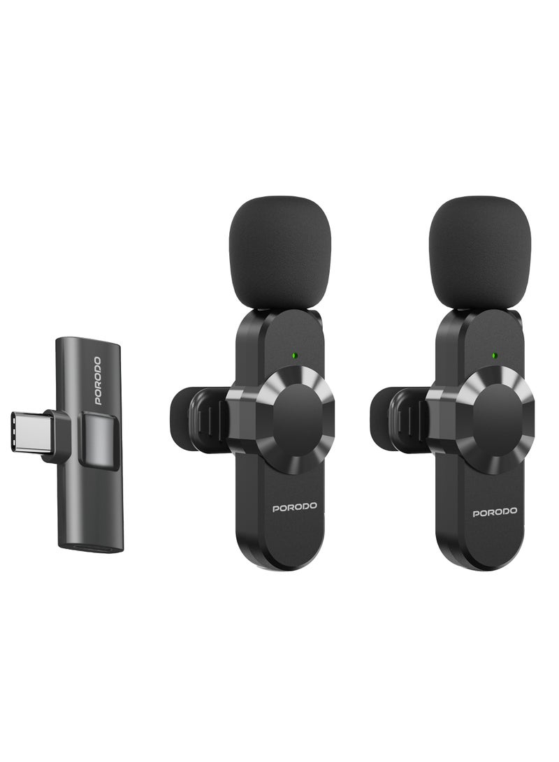 porodo Audix Pro Lavalier Dual Microphone for Type-C & Lightning Device/ Instant Wireless Setup/ Auto Pairing / Crystal Clear Audio for Recording Videos, Podcasts, or Live Streams - Black  - Image 1