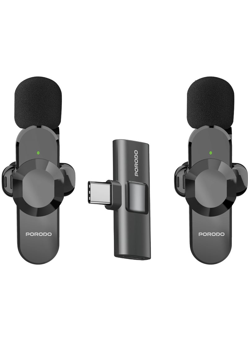porodo Audix Pro Lavalier Dual Microphone for Type-C & Lightning Device/ Instant Wireless Setup/ Auto Pairing / Crystal Clear Audio for Recording Videos, Podcasts, or Live Streams - Black  - Image 3