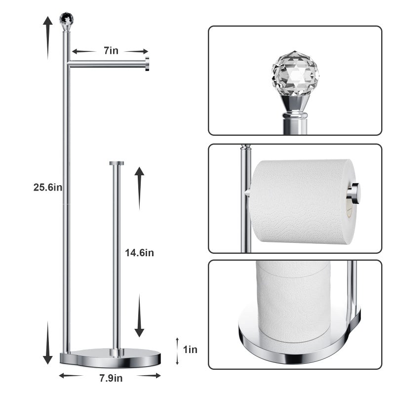 KASUNTO Toilet Paper Holder for Bathroom, Heavy Weighted Metal Free Standing Toilet Paper Storage with Crystal Ball, Toilet Paper Stand for Bathroom Accessories, Polished Chrome [Holds MEGA Rolls] - Image 2