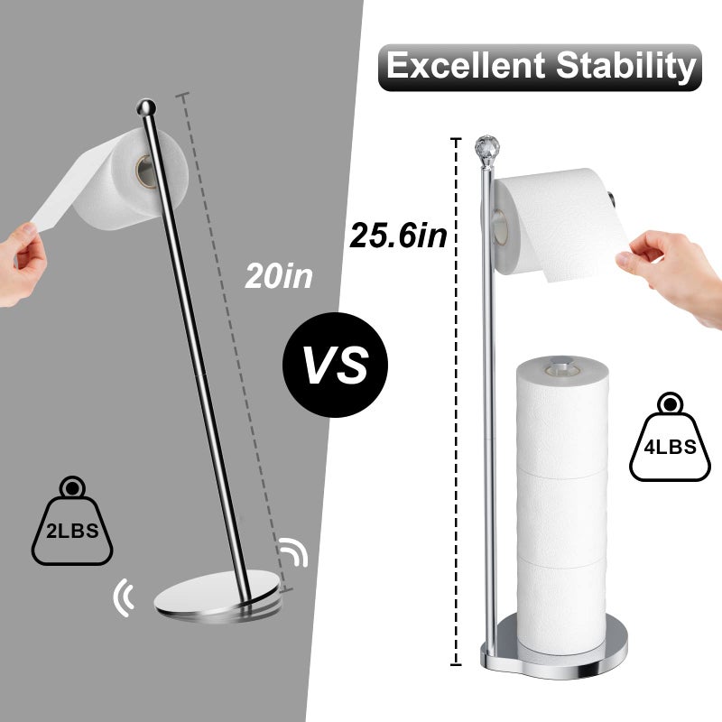 KASUNTO Toilet Paper Holder for Bathroom, Heavy Weighted Metal Free Standing Toilet Paper Storage with Crystal Ball, Toilet Paper Stand for Bathroom Accessories, Polished Chrome [Holds MEGA Rolls] - Image 4
