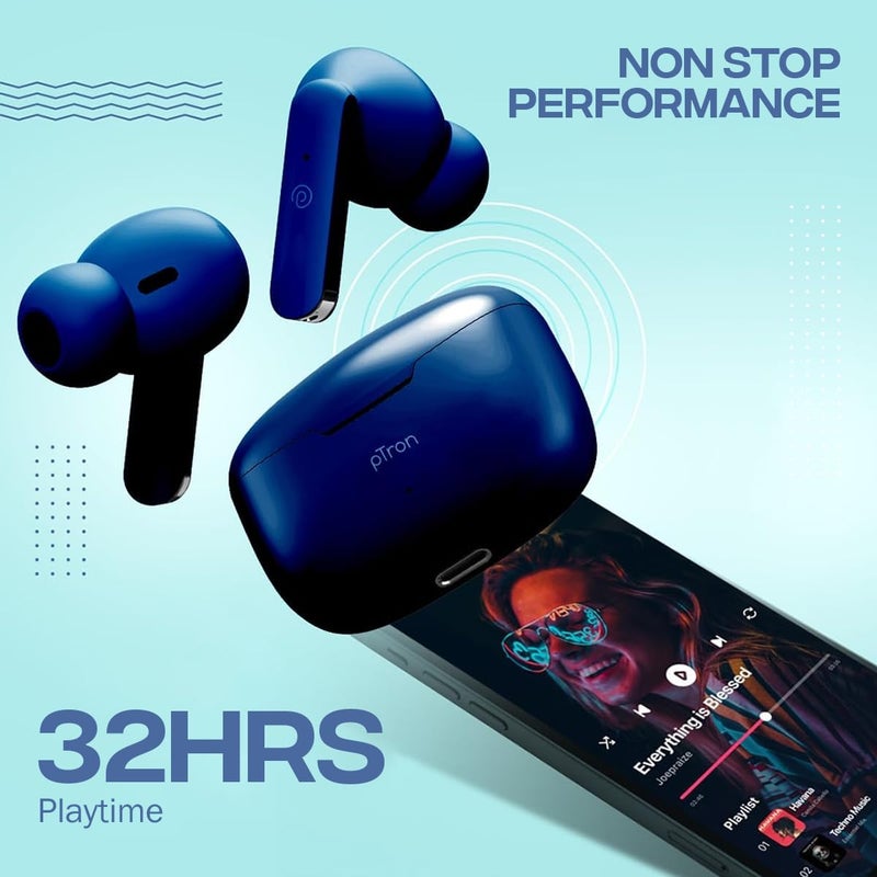 PTron Bassbuds Duo in-Ear Earbuds with 32Hrs Total Playtime, Bluetooth 5.1 Wireless Headphones, Stereo Audio, Touch Control TWS, Dual Mic, Type-C Fast Charging, IPX4 & Voice Assistance (Blue) - Image 3