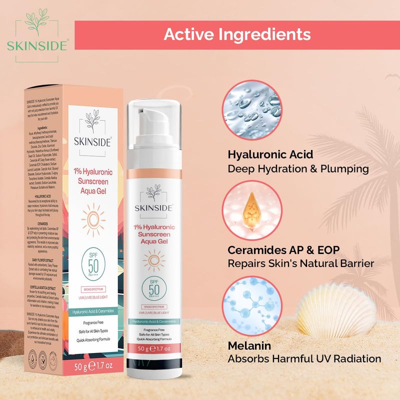 SkinSide 1 Hyaluronic Sunscreen Aqua Gel Ultra Light SPF 50 PA UVA UVB Blue Light Protection Zero White Cast For All Skin Types For Men Women 50g - Image 3