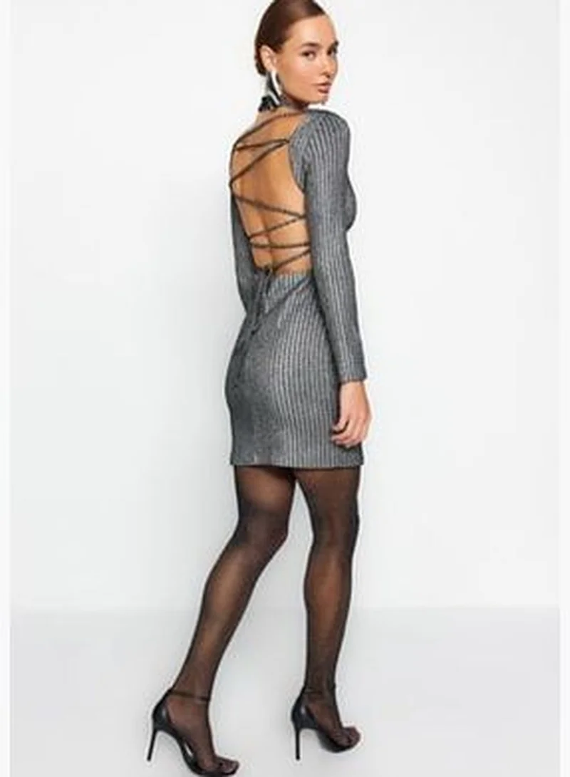 trendyol Gray Fitted Evening Dress TPRAW24EL00038