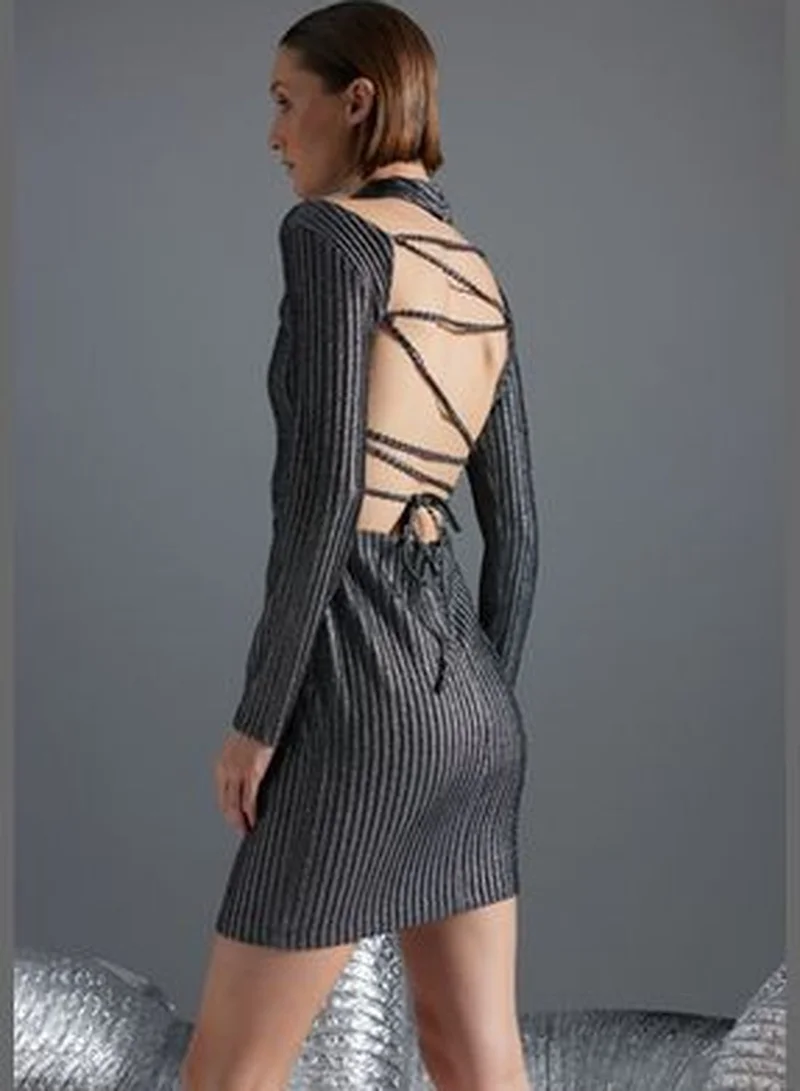 trendyol Gray Fitted Evening Dress TPRAW24EL00038