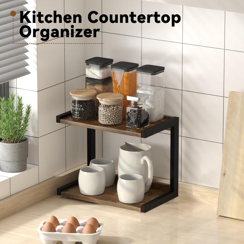 MARTY 2 Tier 12.6"x7.7" Counter Shelf Organizer Kitchen Spice Rack for Countertop, Coffee Station Organizer for Mugs Cups, Wood Shelf Desk Storage Organizer for Bathroom Home Office (Rustic Brown) - Image 3