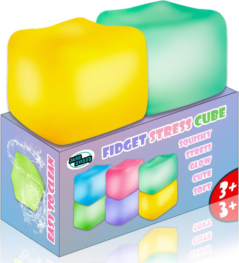 JANESVISSY Glow in the Dark Stress Cube Fidget Toy (2-Pack) - Super Solid Squishy TPR Squeeze Toy for Kids Teens Adults (Blue & Purple) - Image 1