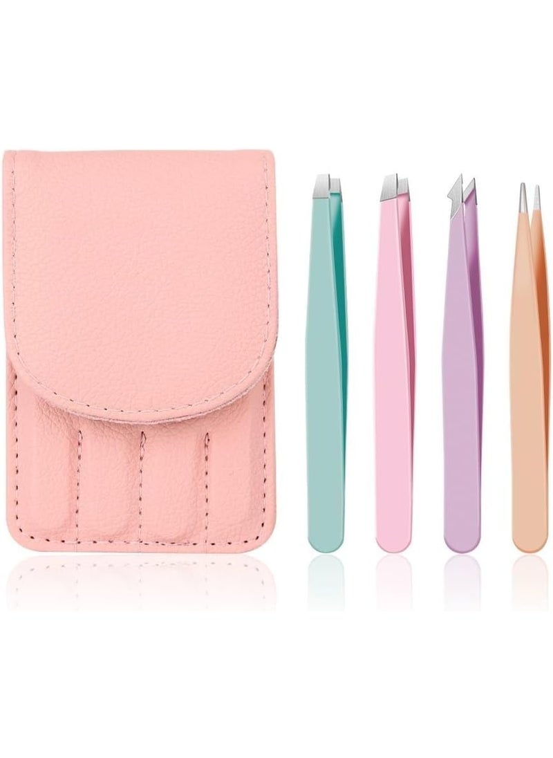 Generic 4 PCS Stainless Steel Tweezers for Eyebrows  Colorful Pack Pink Tweezers Travel Case Great Precision for Facial Hair Splinter and Ingrown Hair Removal Men Women Kids 