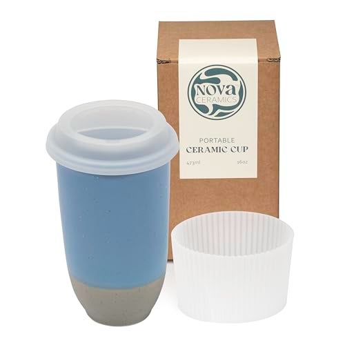 NOVA CERAMICS Travel Mug - Ceramic Coffee Mug With Lid – Microwave & Dishwasher Safe Coffee White & Grey Tumbler - Fits In Cup Holder – 16oz – Coastal Drift - Image 1