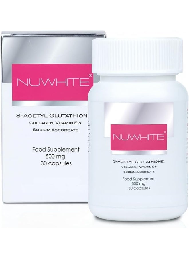 New and improved acetylglutathione formula for skin whitening from Nu White - 30 capsules