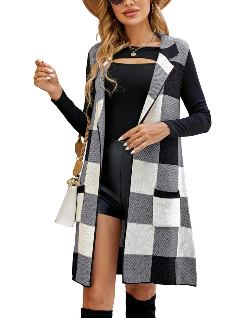 UANEO Womens Sleeveless Cardigans Long Plaid Sweater Vest Knitted Open Front Jackets with Pockets (Black-M) - Image 1