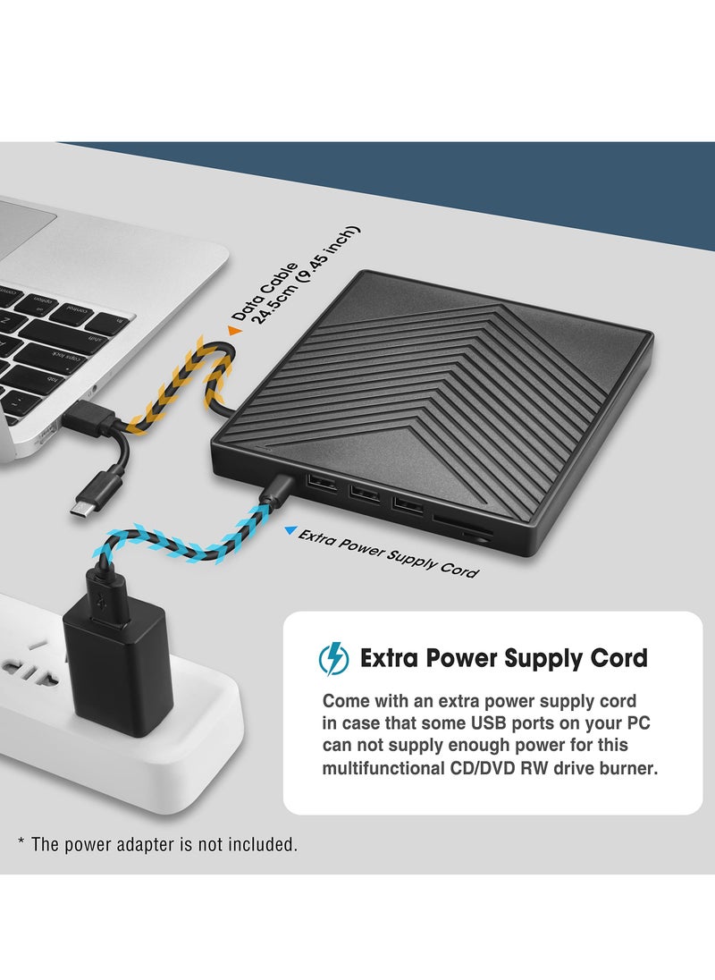 Generic - محرك أقراص DVD خارجي فائق النحافة مزود بمنفذ USB 3.0 و4 منافذ USB وفتحتين لبطاقة TF/SD - محرك أقراص ضوئي لأجهزة الكمبيوتر المحمولة وأجهزة Mac وأجهزة الكمبيوتر الشخصية وأنظمة التشغيل Windows 11/10/8/7 وLinux OS. - Image 1