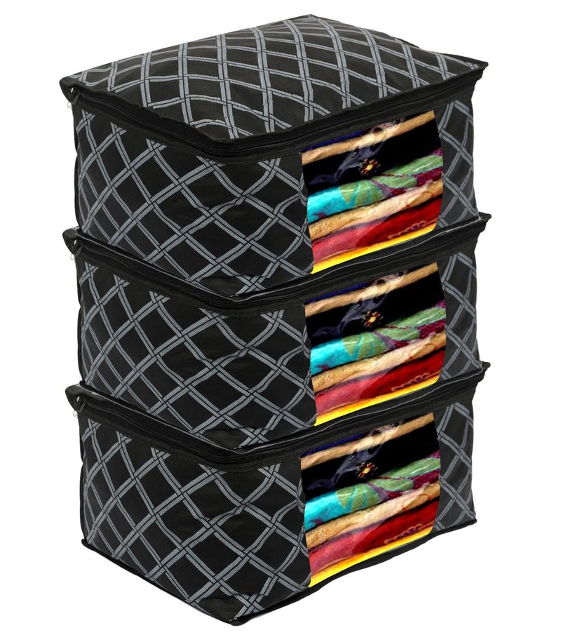Kuber Industries Kuber Industries Check Print NonWoven Foldable Saree CoverClothes Storage For Saree Lehenga Suit With Top Transparent Pack of 3 Black - Image 1