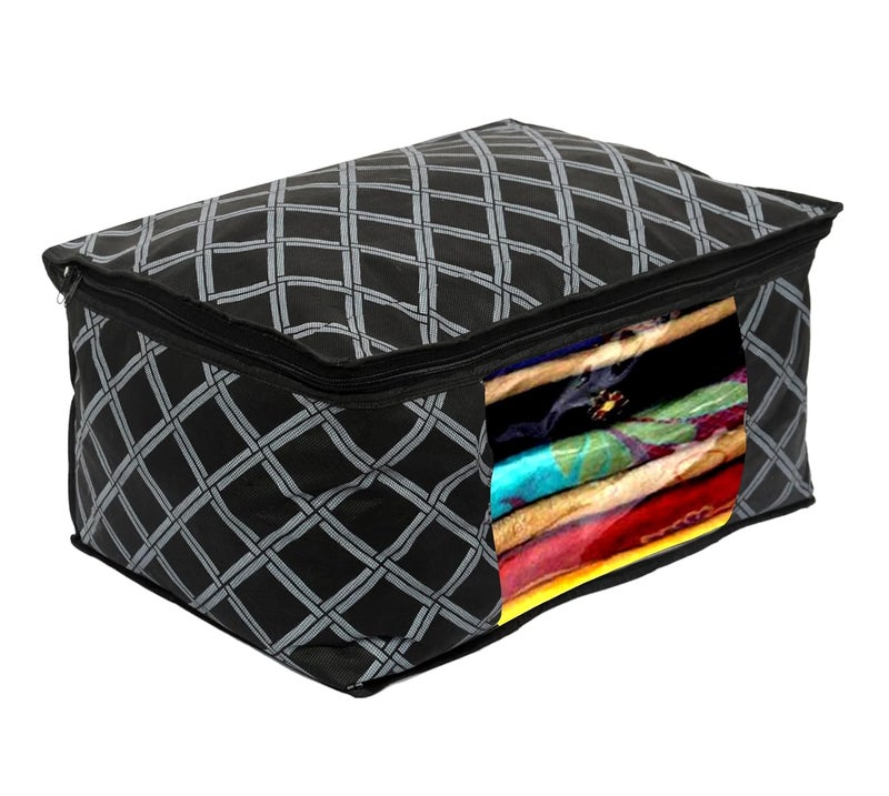 Kuber Industries Kuber Industries Check Print NonWoven Foldable Saree CoverClothes Storage For Saree Lehenga Suit With Top Transparent Pack of 3 Black - Image 2