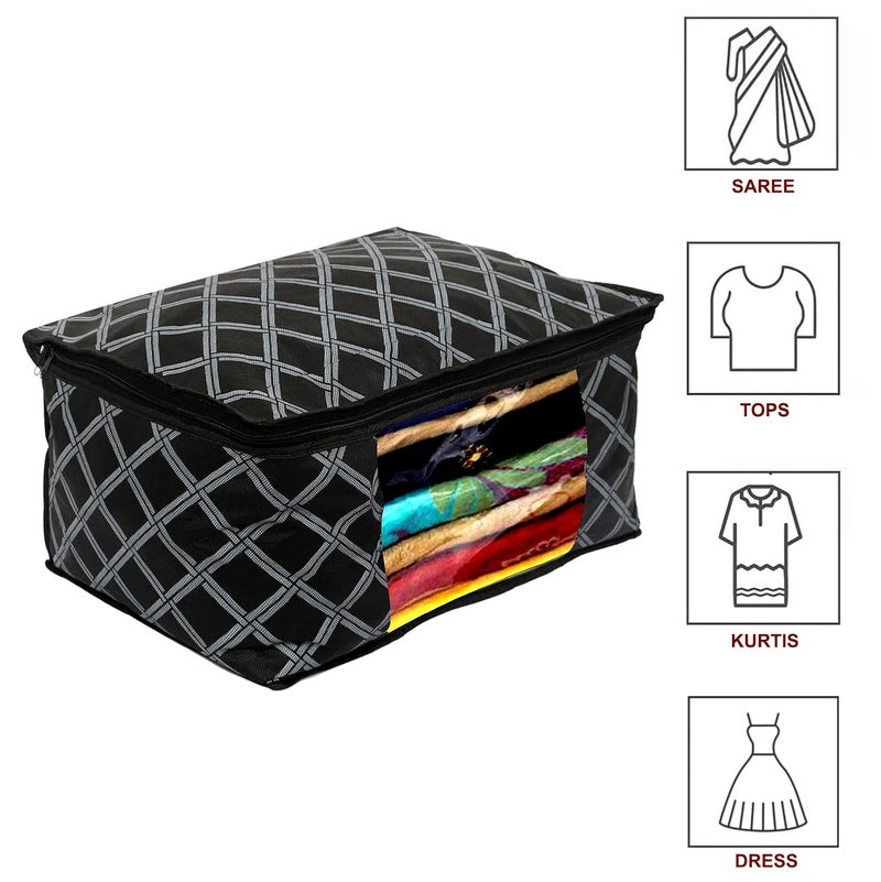 Kuber Industries Kuber Industries Check Print NonWoven Foldable Saree CoverClothes Storage For Saree Lehenga Suit With Top Transparent Pack of 3 Black - Image 4