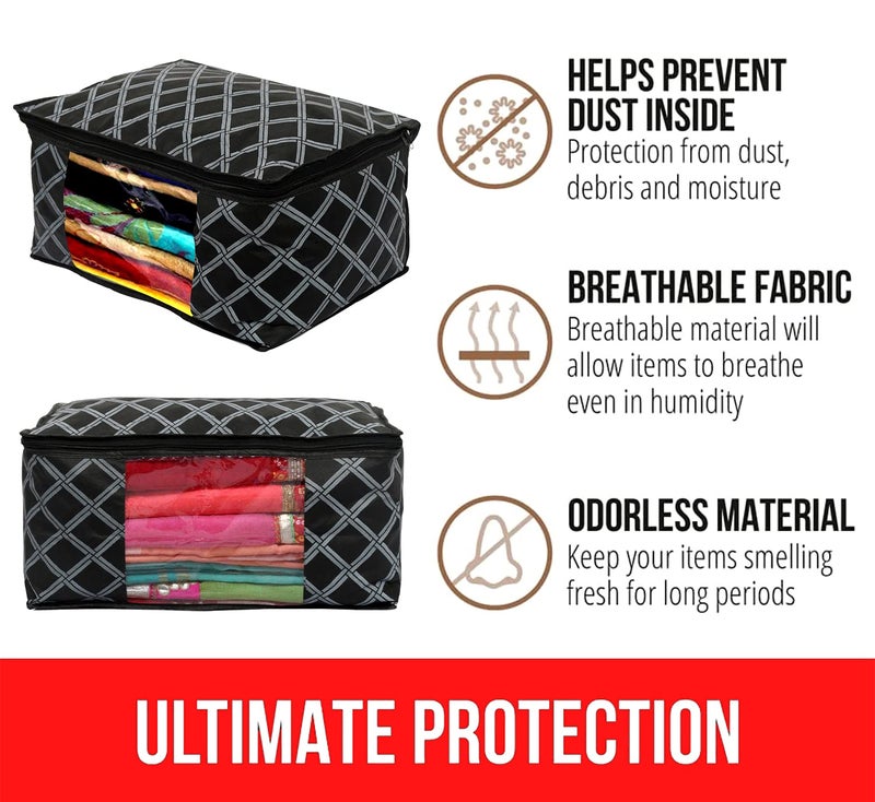 Kuber Industries Kuber Industries Check Print NonWoven Foldable Saree CoverClothes Storage For Saree Lehenga Suit With Top Transparent Pack of 3 Black - Image 5