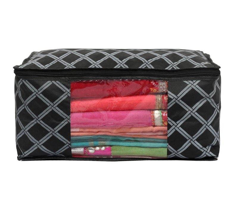 Kuber Industries Kuber Industries Check Print NonWoven Foldable Saree CoverClothes Storage For Saree Lehenga Suit With Top Transparent Pack of 3 Black - Image 3