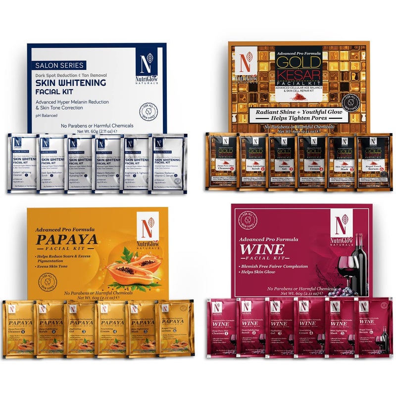 NutriGlow NATURALS Advance Pro Formula Combo of 4 Skin WhiteningGold KesarPapayaWine Facial kit 60gm Each For Skin Cell RepairReduce Scars Excess Pigmentation  Helps Skin Purifying - Image 1