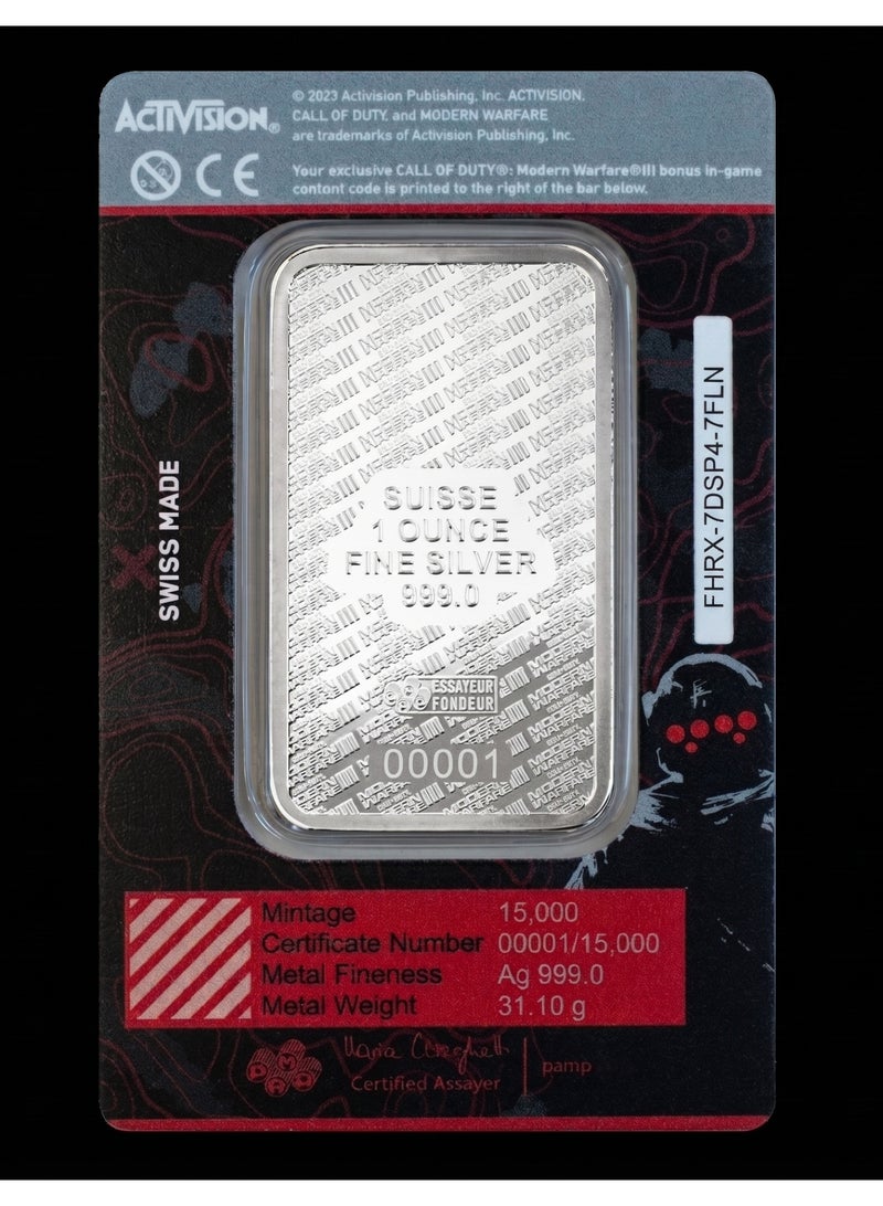 PAMP Swiss Call of Duty: Modern Warfare III 1oz 999.0 Silver Bar with Pendant Frame & In‑Game Weapon Charm – Limited Edition - Image 3