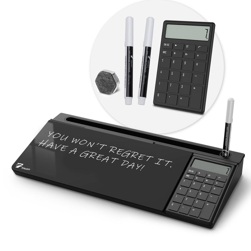TOWON Desktop Glass Whiteboard with Basic Calculator, 12 Digit LCD Display, Desk Organizers with Accessories for Office, Home, School Supplies, Storage with Dry Erase Board Surface, White, 18'' x 6'' - Image 1