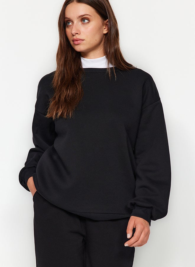 trendyol Black Oversize/Loose Cut Crew Neck Thick/Polar inside Knitted Sweatshirt TWOAW24SW00102  - Image 5