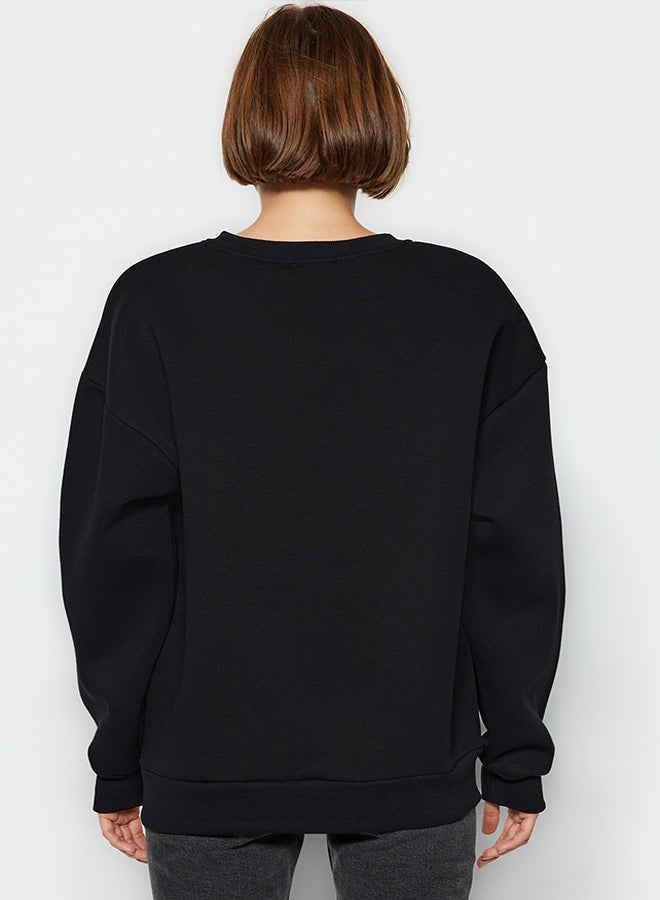 trendyol Black Oversize/Loose Cut Crew Neck Thick/Polar inside Knitted Sweatshirt TWOAW24SW00102  - Image 4