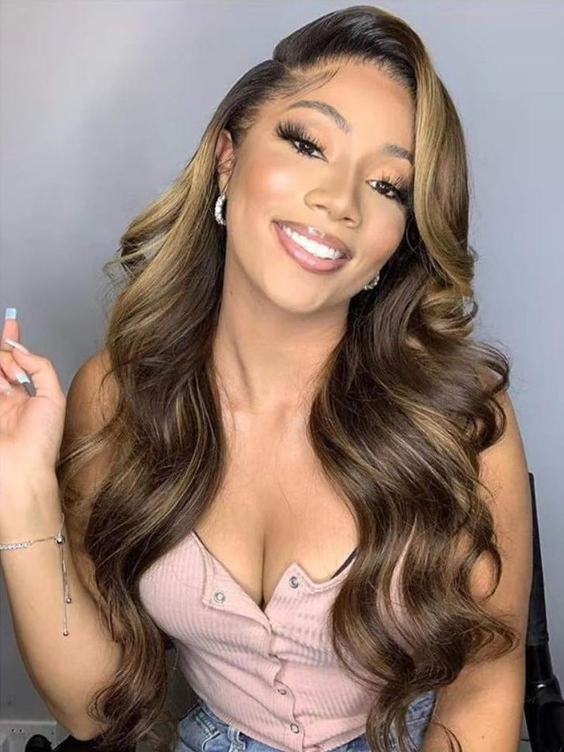 NOSTALGIA Long Brown Wavy Wig Brown Mixed Blonde Highlight Side Part Wigs for Women Natural Hairline Synthetic Wigs for Women Daily Party Use