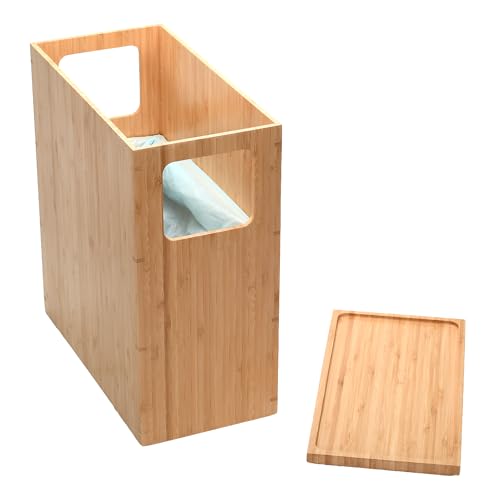 MobileVision Bamboo Slim Trash Can with Lid, Waste Basket for Bathroom, Bedroom, Office, Vanity, Salon or Spa, Small Spaces, Rectangle, Bag Liners Included - Image 4