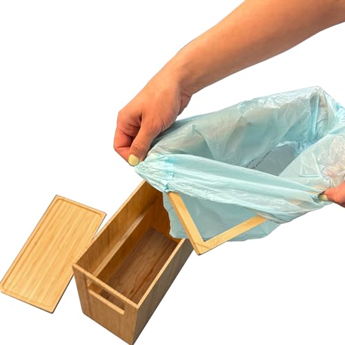 MobileVision Bamboo Slim Trash Can with Lid, Waste Basket for Bathroom, Bedroom, Office, Vanity, Salon or Spa, Small Spaces, Rectangle, Bag Liners Included - Image 5