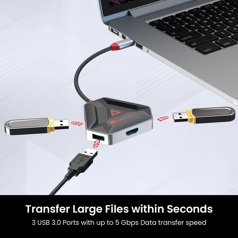 Portronics محور Mport 6C USB C (6 في 1) محول متعدد المنافذ مع HDMI، 3 منافذ USB 3.0، قارئ بطاقات microSD و SD للكمبيوتر المحمول، الكمبيوتر الشخصي، ماك (أسود) - Image 4