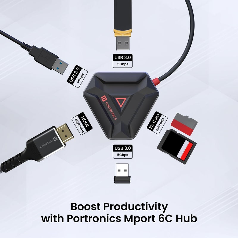 Portronics محور Mport 6C USB C (6 في 1) محول متعدد المنافذ مع HDMI، 3 منافذ USB 3.0، قارئ بطاقات microSD و SD للكمبيوتر المحمول، الكمبيوتر الشخصي، ماك (أسود) - Image 2