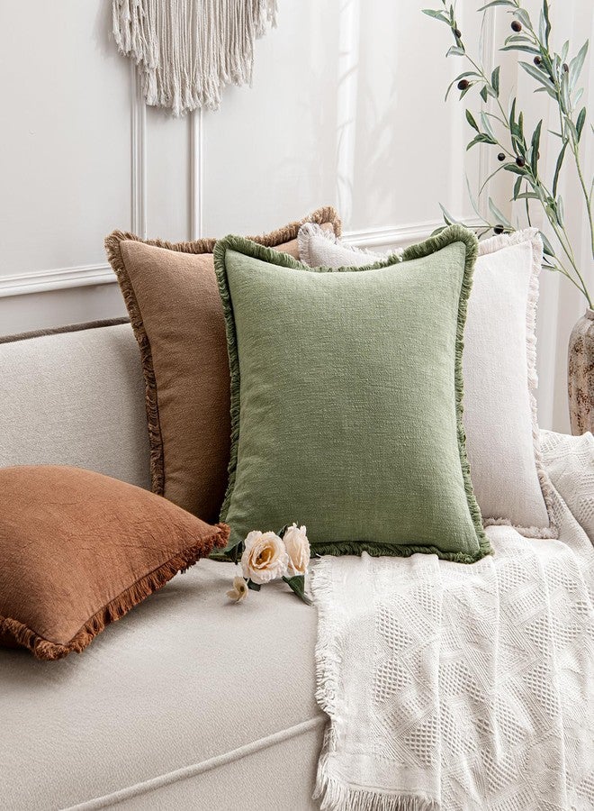 ANRODUO Set of 2 Decorative Throw Pillow Covers 18×18 Inch Soft Linen Fringe Farmhouse Boho Vintage Cushion Covers with Tassels Accent Pillowcase for Couch Sofa Bed Living Room Summer Decor Sage Green - Image 5