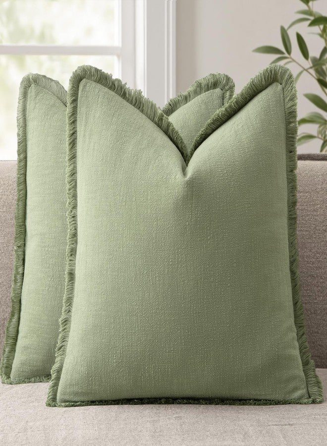 ANRODUO Set of 2 Decorative Throw Pillow Covers 18×18 Inch Soft Linen Fringe Farmhouse Boho Vintage Cushion Covers with Tassels Accent Pillowcase for Couch Sofa Bed Living Room Summer Decor Sage Green - Image 1