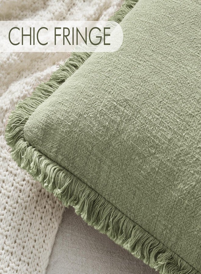 ANRODUO Set of 2 Decorative Throw Pillow Covers 18×18 Inch Soft Linen Fringe Farmhouse Boho Vintage Cushion Covers with Tassels Accent Pillowcase for Couch Sofa Bed Living Room Summer Decor Sage Green - Image 3