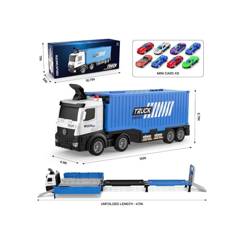Race Car Track Toy Truck Toy with Slots and Foldable Race Tracks Transport Car Carrier Toy for Toddlers Cars Toy Set Container Truck Toy with 8 Alloy Cars Vehicles Toy Set for 3+ Boys Girls - Image 2