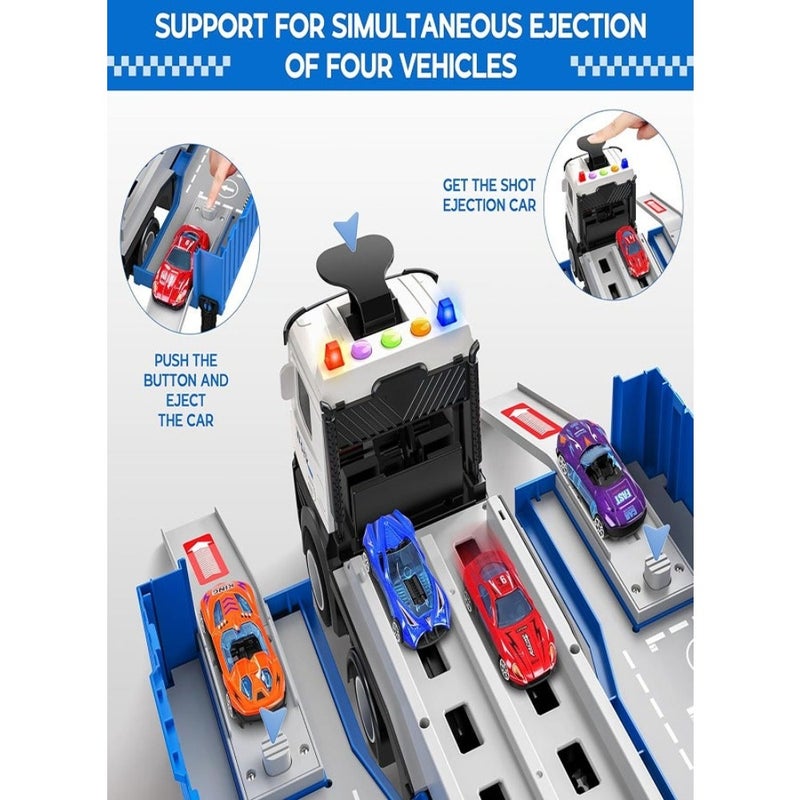 Race Car Track Toy Truck Toy with Slots and Foldable Race Tracks Transport Car Carrier Toy for Toddlers Cars Toy Set Container Truck Toy with 8 Alloy Cars Vehicles Toy Set for 3+ Boys Girls - Image 3