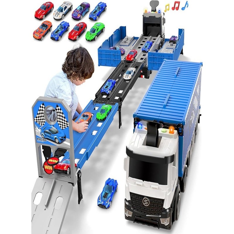 Race Car Track Toy Truck Toy with Slots and Foldable Race Tracks Transport Car Carrier Toy for Toddlers Cars Toy Set Container Truck Toy with 8 Alloy Cars Vehicles Toy Set for 3+ Boys Girls - Image 1