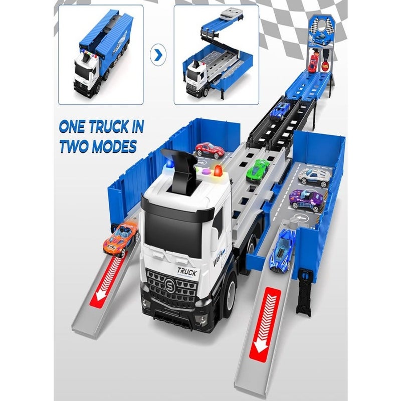 Race Car Track Toy Truck Toy with Slots and Foldable Race Tracks Transport Car Carrier Toy for Toddlers Cars Toy Set Container Truck Toy with 8 Alloy Cars Vehicles Toy Set for 3+ Boys Girls - Image 5