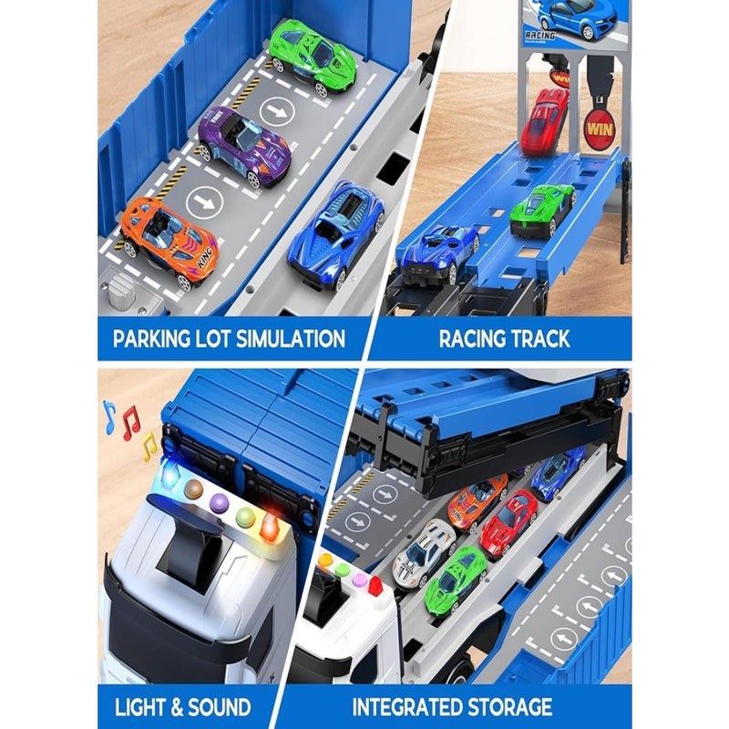 Race Car Track Toy Truck Toy with Slots and Foldable Race Tracks Transport Car Carrier Toy for Toddlers Cars Toy Set Container Truck Toy with 8 Alloy Cars Vehicles Toy Set for 3+ Boys Girls - Image 4