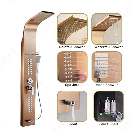 InArt Stainless Steel 304 Grade Shower Panel 5 in 1 Tower System with Waterfall, Rainfall Shower, Body Massage Spray, SS Handheld Shower, and Glass Shelf Rose Gold Color - Image 2