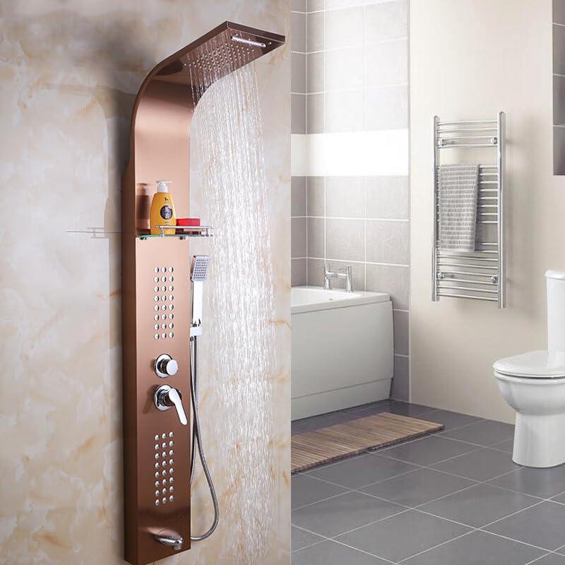 InArt Stainless Steel 304 Grade Shower Panel 5 in 1 Tower System with Waterfall, Rainfall Shower, Body Massage Spray, SS Handheld Shower, and Glass Shelf Rose Gold Color - Image 1
