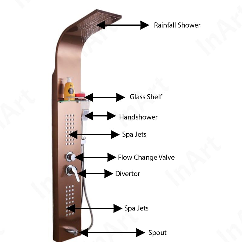 InArt Stainless Steel 304 Grade Shower Panel 5 in 1 Tower System with Waterfall, Rainfall Shower, Body Massage Spray, SS Handheld Shower, and Glass Shelf Rose Gold Color - Image 3