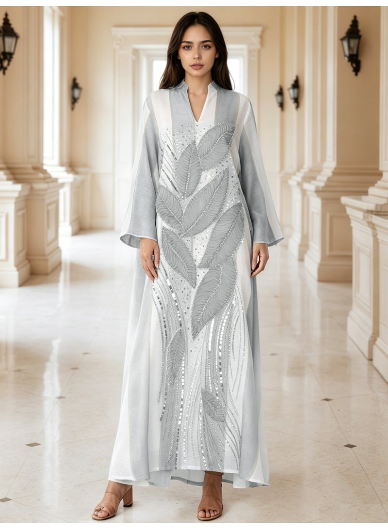 Kaiyuede Dubai Light Grey 3D Leaf Beaded Sequin Abaya | Mandarin Collar V-Neck Opaque Lined Modest Dress for Eid & Daily Wear - Image 1