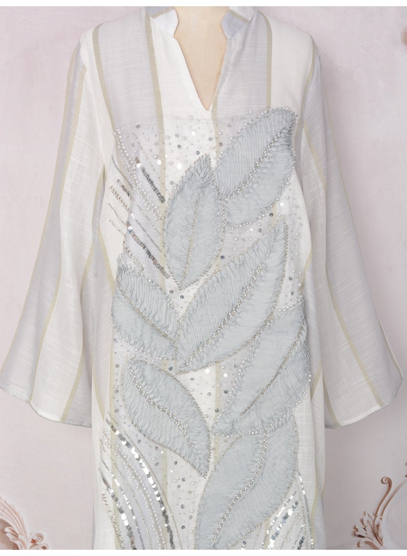 Kaiyuede Dubai Light Grey 3D Leaf Beaded Sequin Abaya | Mandarin Collar V-Neck Opaque Lined Modest Dress for Eid & Daily Wear - Image 3