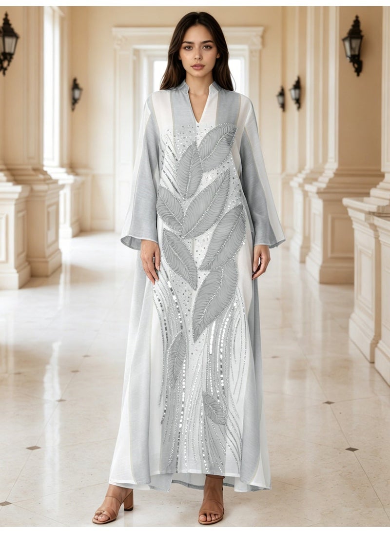Kaiyuede Dubai Light Grey 3D Leaf Beaded Sequin Abaya | Mandarin Collar V-Neck Opaque Lined Modest Dress for Eid & Daily Wear - Image 1