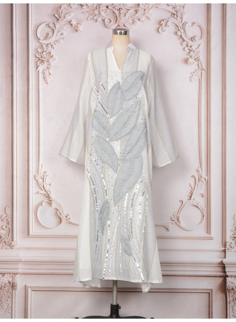 Kaiyuede Dubai Light Grey 3D Leaf Beaded Sequin Abaya | Mandarin Collar V-Neck Opaque Lined Modest Dress for Eid & Daily Wear - Image 4