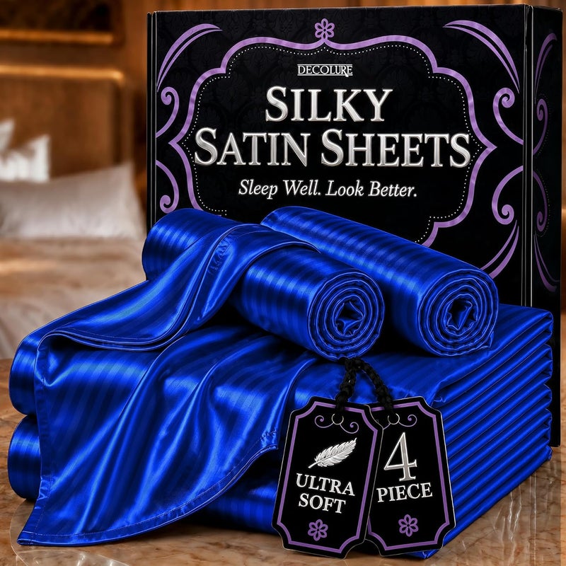 DECOLURE Striped Satin Sheet Queen Set 4pc - Luxurious Silk Feel Sheets Queen - All-Season Satin Silky Soft Queen Size Satin Bed Sheets w/Deep Pocket Fitted Sheet, Flat Sheet and Pillowcase (Blue) - Image 1