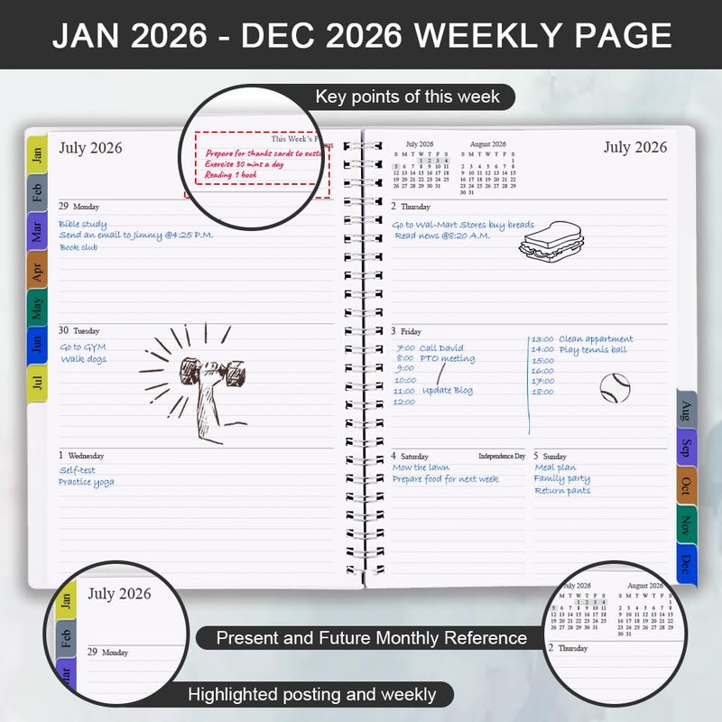 Getvow 2026 Planner - Planner 2026 for Women & Men, January 2026 - December 2026, Monthly and Weekly Calender Planner with 12 Monthly Tabs, 6.4" x 8.5", Black - Image 3