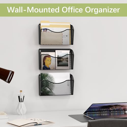EasyPAG Wall File Organizer 3 Single Pocket Mesh Hanging File Folder Organizer for Letter/A4 Size Folders Wall Mounted Vertical Mail Holder for Paperwork, Office, Home, School, Black - Image 3